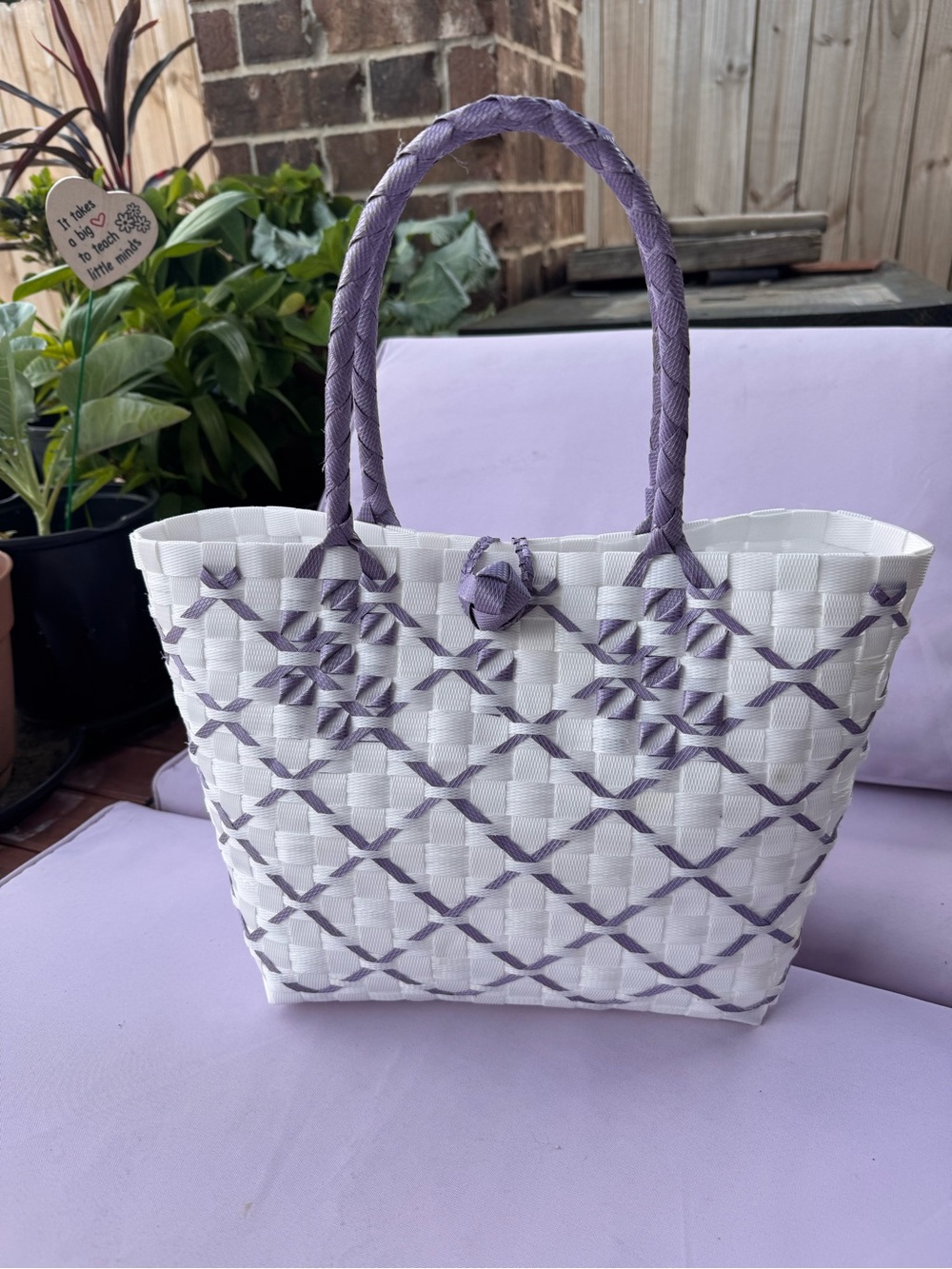 White and Lavender Woven Tote Bag with Braided Handles